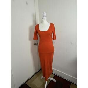 Free People Lulu Henley Midi Dress V-Neck Short Sleeve Maxi, Deep Orange, XS New